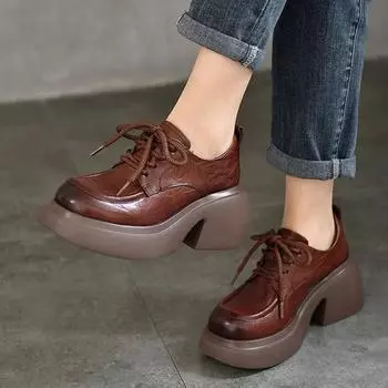 Johnature Натуральная кожа Туфли на высоком каблуке Женские водонепроницаемые туфли на платформе со шнуровкой Толстые каблуки Танкетка 34 чёрный