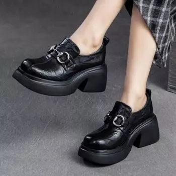 Johnature туфли-лодочки из натуральной кожи на толстой подошве в стиле ретро, женские туфли на платформе с круглым носком в британском стиле 34 чёрный