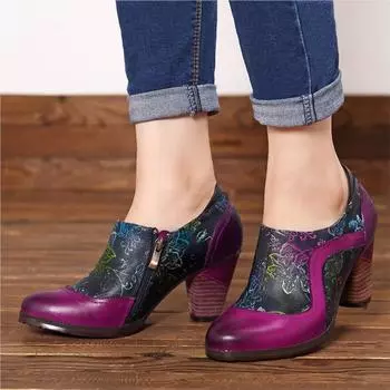 Johnature туфли-лодочки из натуральной кожи, женская обувь в стиле ретро, модная женская обувь на высоком каблуке с круглым носком и цветочным рисунком, расписанная вручную