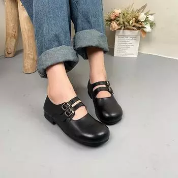 Johnature туфли-лодочки из натуральной кожи с круглым носком, повседневная универсальная женская обувь с пряжкой, мелкая однотонная обувь 37 бежевый