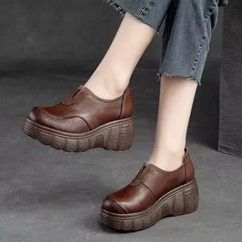 Johnature туфли-лодочки из натуральной кожи, женская обувь на толстой подошве, удобные туфли на платформе с круглым носком в стиле ретро 39 чёрный