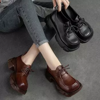 Johnature туфли-лодочки из натуральной кожи, лоферы на толстой подошве, универсальная женская обувь для отдыха с квадратным носком на шнуровке 37 коричневый
