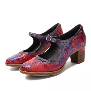 Johnature Натуральная кожа Красные туфли на высоком каблуке с тиснением в стиле ретро Универсальные женские туфли на толстом каблуке 36 красный