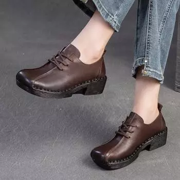 Johnature Туфли-лодочки из натуральной кожи на шнуровке в британском стиле, повседневные женские туфли на среднем каблуке для поездок на работу 35 чёрный