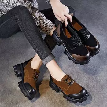 Johnature Туфли-лодочки из натуральной кожи на толстой подошве, универсальные, на шнуровке, разноцветные, женские, на платформе