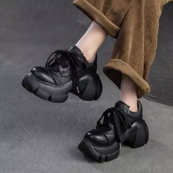 Johnature Туфли-лодочки из натуральной кожи на толстой подошве, увеличивающие рост, на шнуровке, повседневные универсальные женские туфли на платформе 34 чёрный