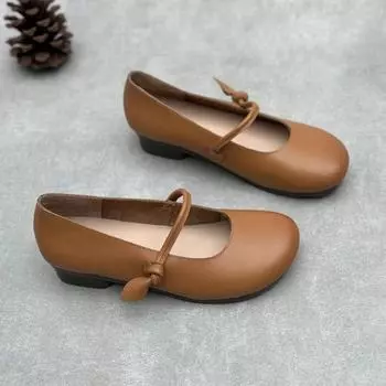 Johnature Туфли-лодочки из натуральной кожи на толстом каблуке, винтажные туфли ручной работы с круглым носком и неглубоким каблуком для женщин 35 коричневый