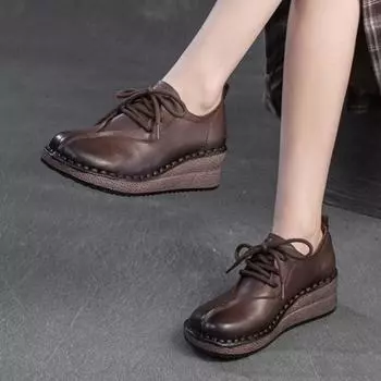 Johnature Туфли-лодочки из натуральной кожи в стиле ретро с круглым носком, на шнуровке, удобные, универсальные, женские туфли на танкетке 35 чёрный