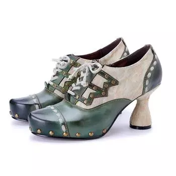 Johnature Туфли-лодочки из натуральной кожи ручной работы с заклепками на высоком каблуке в стиле ретро, женские туфли 36 армия зеленый
