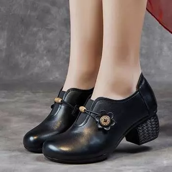 Johnature туфли-лодочки из натуральной кожи, однотонная универсальная женская обувь на толстом каблуке с круглым носком в стиле ретро, на мягкой подошве 35 чёрный
