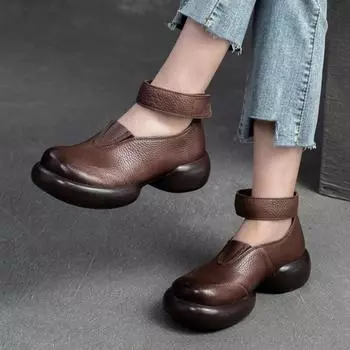 Johnature туфли-лодочки из натуральной кожи с круглым носком на толстой подошве, повседневная удобная женская обувь на липучке 35 чёрный