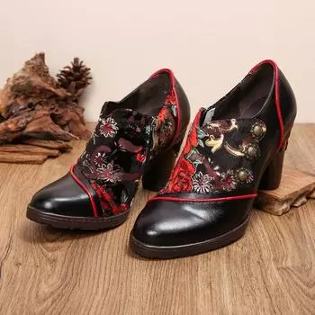 Johnature туфли-лодочки из натуральной кожи с принтом в стиле ретро, женская обувь, модная женская обувь ручной работы на высоком каблуке с круглым носком 36 чёрный