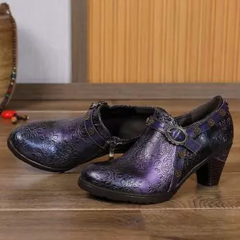 Johnature туфли-лодочки из натуральной кожи, женская обувь, повседневная женская обувь ручной работы с круглым носком в стиле ретро на высоком каблуке с принтом 36 синий