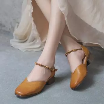 Johnature туфли-лодочки из натуральной кожи, женская обувь, сандалии в стиле ретро, удобная женская обувь Мэри Джейн с круглым носком 37 светло-коричневого