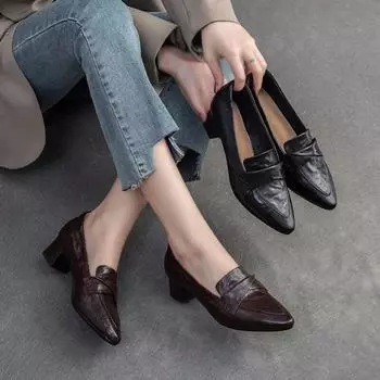 Johnature туфли-лодочки из овчины в британском стиле, модная удобная универсальная женская обувь на толстом каблуке с острым носком 35 чёрный