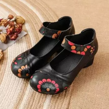 Johnature, туфли-лодочки на каблуке в этническом стиле с круглым носком и принтом, туфли-лодочки в стиле ретро, женская обувь на мелкой мягкой подошве 41 красный