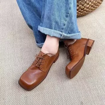 Johnature туфли-лодочки на низком каблуке из натуральной кожи в стиле ретро, однотонная женская обувь из воловьей кожи с носком Sauare на шнуровке 35 коричневый