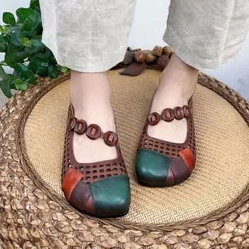 Johnature туфли-лодочки на низком каблуке в стиле ретро с открытым носком и круглым носком, женская обувь ручной работы, разноцветная женская обувь на мягкой подошве 36 коричневый