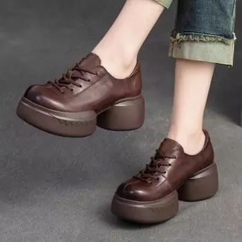 Johnature туфли-лодочки на шнуровке на толстой подошве, универсальные женские туфли на платформе из натуральной кожи с круглым носком в стиле ретро 34 чёрный