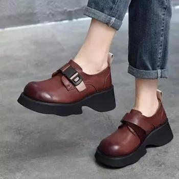 Johnature туфли-лодочки на толстой подошве, легкая женская обувь на платформе из натуральной кожи с круглым носком в стиле ретро 35 чёрный