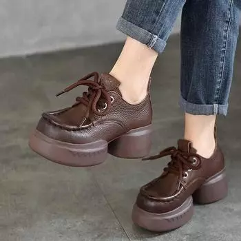 Johnature туфли-лодочки на толстой подошве, универсальная женская обувь из натуральной кожи в стиле ретро, туфли на высоком каблуке с круглым носком на платформе 37 чёрный