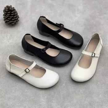 Johnature Туфли-лодочки ручной работы из натуральной кожи с круглым носком, минималистичные однотонные туфли из мягкой коровьей кожи на низком каблуке 35 белый