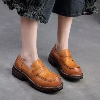 Johnature туфли-лодочки с круглым носком на толстой подошве в стиле ретро, модные лоферы без шнуровки, женская обувь из натуральной кожи 35 темно-коричневого