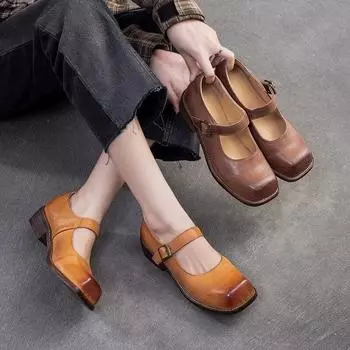 Johnature туфли-лодочки с квадратным носком и пряжкой, сандалии Мэри Джейн, женская обувь из натуральной кожи на толстом каблуке в стиле ретро 36 темно-коричневого