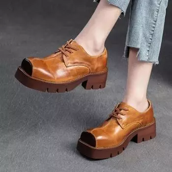 Туфли-лодочки Johnature в британском стиле с квадратным носком, толстая подошва, красивая женская обувь из конской кожи 35 коричневый