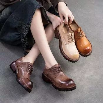 Johnature, туфли-лодочки в стиле ретро на шнуровке в британском стиле, женские туфли премиум-класса на толстой подошве из натуральной кожи на каблуке-рюмочке 38 бежевый