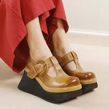 Johnature Туфли-лодочки в стиле ретро на толстой подошве с Т-образной пряжкой из натуральной кожи, женские туфли высокого класса 34 чёрный