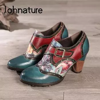 Johnature туфли-лодочки в стиле ретро, женская обувь, разноцветная осенняя женская обувь из натуральной кожи с круглым носком и пряжкой на ремешке, женская обувь ручной работы