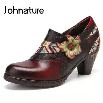 Johnature туфли-лодочки в стиле ретро, женская обувь из натуральной кожи с круглым носком на молнии, разноцветные женские туфли на высоком каблуке с шитьем ручной работы