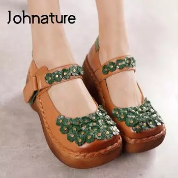 Johnature туфли-лодочки в стиле ретро, женская обувь из натуральной кожи, весенние лаконичные туфли ручной работы с круглым носком и цветочным принтом на платформе