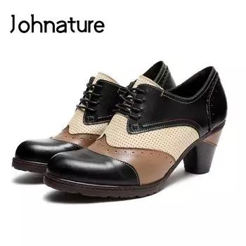 Johnature туфли-лодочки в стиле ретро, женская обувь, женская обувь из натуральной кожи с круглым носком, на шнуровке, разноцветная, женская обувь ручной работы на высоком каблуке