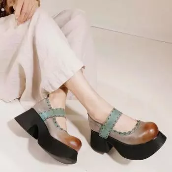 Johnature туфли-лодочки в стиле ретро, женские туфли на толстой подошве из натуральной кожи на платформе с круглым носком, четырехсезонная обувь ручной работы 36 серый