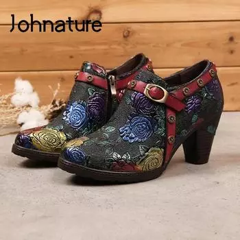 Johnature туфли-лодочки, женская обувь из натуральной кожи с принтом, весенняя обувь на молнии в стиле ретро с круглым носком, лаконичная женская обувь ручной работы для отдыха 36 чёрный