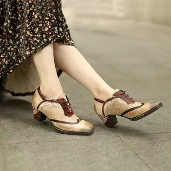 Johnature Туфли-лодочки Женская обувь Ретро разноцветные натуральная кожа квадратный носок шнуровка высокие каблуки лаконичные женские туфли 37 абрикосовый