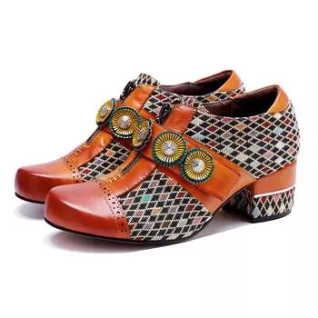 Johnature Туфли-лодочки женские из натуральной кожи ручной работы с ретро-узором на высоком каблуке модная женская обувь 36 оранжевый
