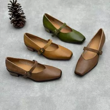 Johnature Туфли-лодочки женские из натуральной кожи на толстом каблуке в стиле ретро с квадратным носком и каблуком Мэри Джейн 35 коричневый