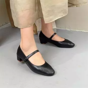 Johnature Туфли Мэри Джейн из натуральной кожи. Туфли-лодочки на среднем каблуке в стиле ретро с острым носком. Универсальная французская женская обувь. 35 чёрный