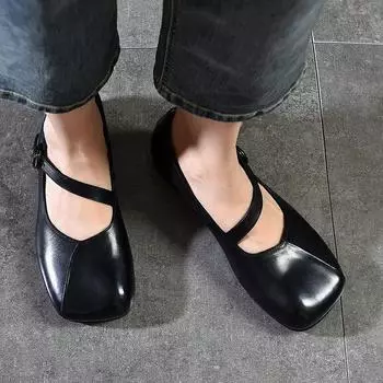 Johnature Туфли Мэри Джейн с квадратным носком и мелкой подошвой, однотонные туфли в стиле ретро из натуральной кожи на мягкой подошве 35 чёрный