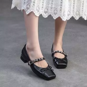 Johnature Туфли на низком каблуке Туфли-лодочки из натуральной кожи Туфли Мэри Джейн с квадратным носком Неглубокие женские туфли 35 чёрный