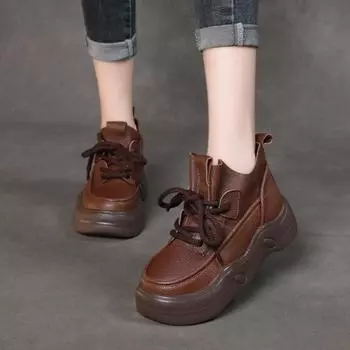 Johnature/туфли на плоской платформе из натуральной кожи в стиле ретро, повседневные универсальные полусапоги с круглым носком на толстой подошве и шнуровке 35 чёрный