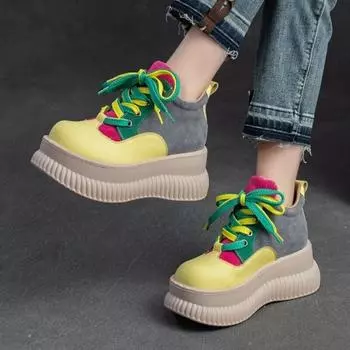 Johnature/туфли на плоской платформе из натуральной кожи, разноцветные туфли на толстой подошве, повседневная женская обувь на повышенной высоте 34 бежевый