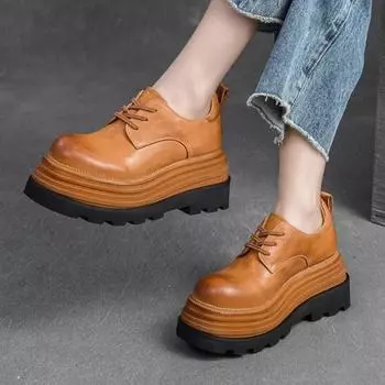 Johnature/туфли на плоской платформе с приподнятой толстой подошвой в стиле ретро, универсальная модная женская обувь с круглым носком и шнуровкой 34 кофейный