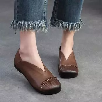 Johnature, туфли на плоской подошве из натуральной кожи в стиле ретро, повседневные однотонные женские туфли без шнуровки на мягкой подошве с круглым носком 35 бежевый