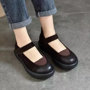 Johnature/туфли на плоской подошве из натуральной кожи с круглым носком и толстой подошвой, женская обувь Мэри Джейн 40 чёрный