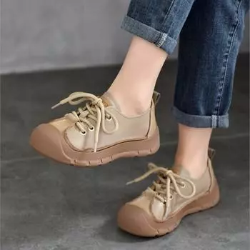 Johnature/туфли на плоской подошве с круглым носком и шнуровкой из натуральной кожи, универсальная женская обувь в стиле ретро с мягкой подошвой 38 темно-коричневого