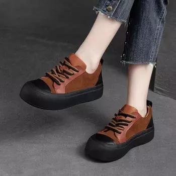 Johnature, туфли на плоской подошве со шнуровкой и круглым носком, удобная повседневная женская обувь из натуральной кожи на толстой подошве 35 чёрный